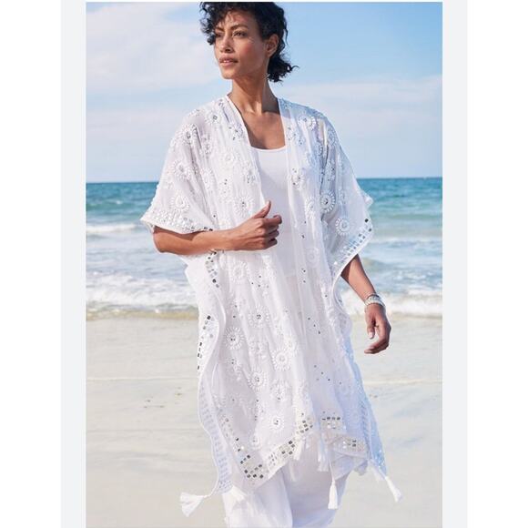 Soft Surroundings Athena White Embroidered Mirror Tassel Open Kimono Duster - Picture 1 of 9